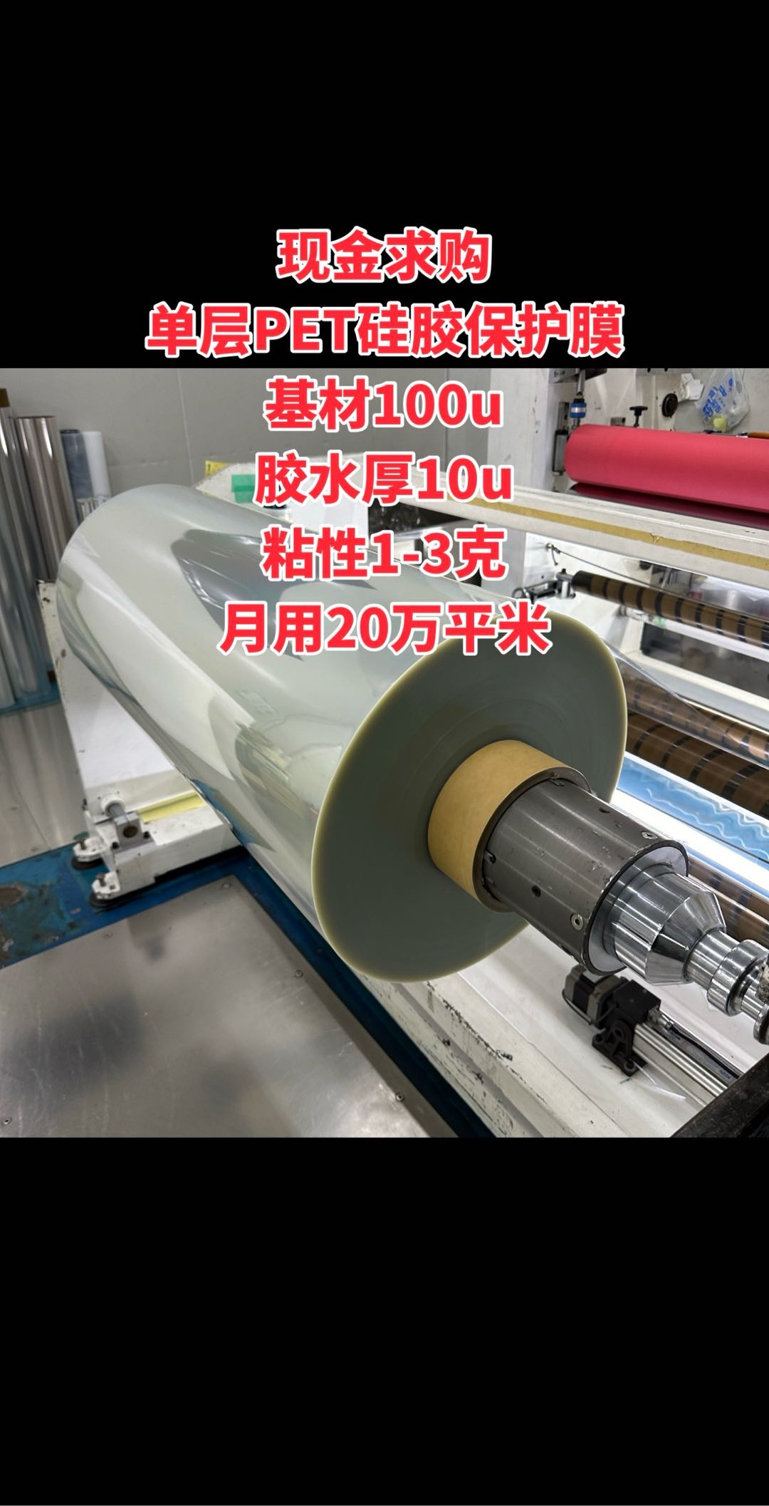 現(xiàn)金求購(gòu) 單層PET硅膠保護(hù)膜 基材100u 膠水厚10u 粘性1-3克 月用20萬(wàn)平米